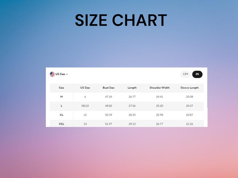 May include: A size chart with measurements in inches for a garment, including bust size, length, shoulder width, and sleeve length. Sizes range from M to XXL, with corresponding US sizes and measurements.