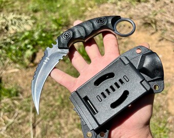 Karambit-Messer D2-Stahlklinge, doppelschneidige Kydex-Klauenscheide, Ringmesser edc