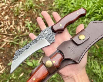 Messer im Karambit-Stil mit gehämmertem Holzgriff aus 440C-Stahl und Etui