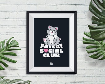 Lámina del Club Social del Gato Gordo Divertido / Póster de Arte Moderno de Gatitos