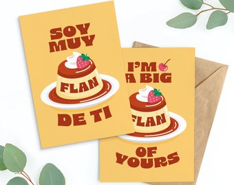 Tarjeta de felicitación con mensaje "Soy un gran flan tuyo"