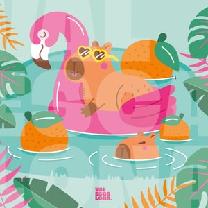 Puede incluir: Un capibara de dibujos animados con gafas de sol flota en un flotador de piscina rosa en forma de flamenco en una piscina turquesa. El capibara est&aacute; rodeado de c&iacute;tricos naranjas con hojas verdes. El texto "VALESOLONA." est&aacute; en la parte inferior de la imagen.