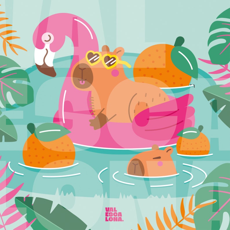 Puede incluir: Un capibara de dibujos animados con gafas de sol flota en un flotador de piscina rosa en forma de flamenco en una piscina turquesa. El capibara est&aacute; rodeado de c&iacute;tricos naranjas con hojas verdes. El texto "VALESOLONA." est&aacute; en la parte inferior de la imagen.