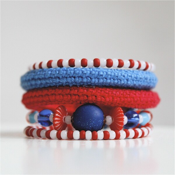 Wrap Crochet Cuff Bracelet in Red, Blue and White