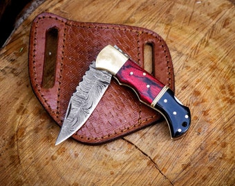 Handmade Personalized Pocket knife damascus steel birch wood handle