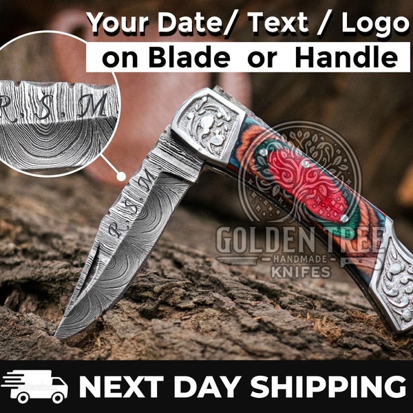 Handmade Damascus Steel Pocket Knife with Back Lock, Handmade Folding Knife, Birthday Wedding Anniversary Personalized Gift for Boyfriend
