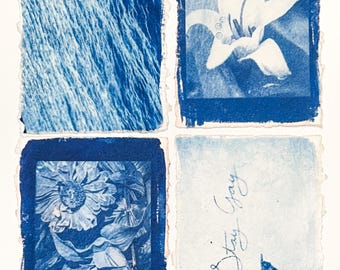 Handprinted Cyanotype Set of 4. Variety Pack