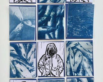 Cyanotype Greeting Card Set of 12 | Handmade Stationery Inspired by Alaska Commercial Fishing |