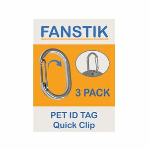 Könnte beinhalten: Ein 3er-Pack silberner Metall-Schnellverschlüsse für Haustier-ID-Tags. Die Clips sind geöffnet und geschlossen dargestellt. Die Verpackung ist gelb mit dem Text "FANSTIK" und "3 PACK" in Blau.