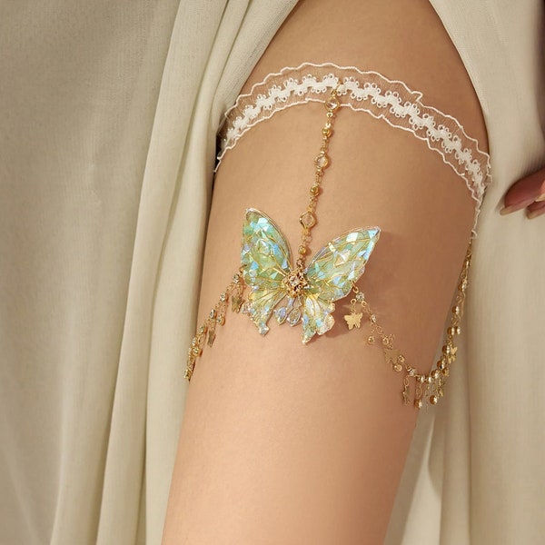 Green Fairy Butterfly Leg Chain, Creative Elastic Leg Chain, Handmade Leg Chain, Valentine's Gift, Wedding Jewelry