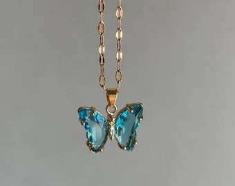 Handmade Blue Resin Butterfly Necklace: Elegant Vintage Jewelry