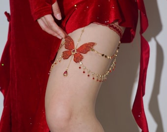Scarlet Butterfly Leg Chain: Red Resin Charm, Elastic Copper Jewelry