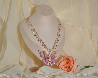 Handmade Pink Butterfly Pendant Necklace: Copper Chain
