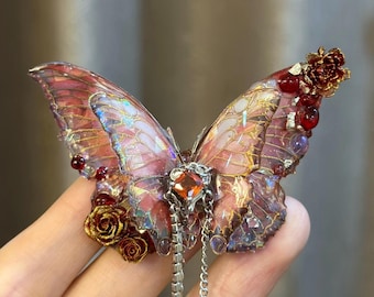 Handmade Butterfly Brooch: Copper Chain, Resin Wings