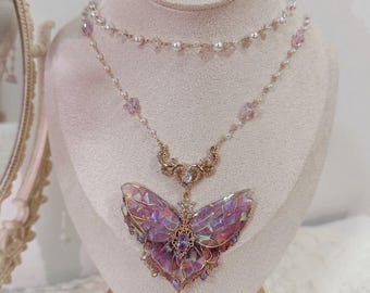 Handmade Pink Butterfly Pendant Necklace: Copper Chain