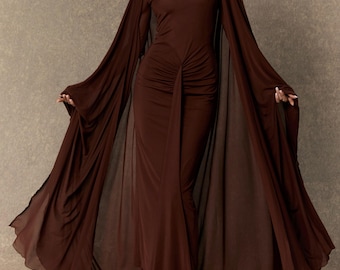 Gorgeous Cocoa Brown Fitted Dress with Sheer Removable Cape, Ruched & Drape Accent M