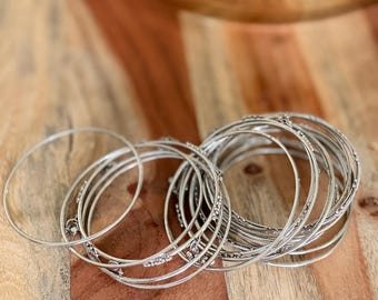 Vintage Bangle 21 Stackable Silver Bracelets with Small Bells and Textures