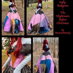 May include: Sally's Ballgown from The Nightmare Before Christmas, a multi-coloured patchwork dress with a black spider brooch and a black and white spiderweb pattern on the skirt.