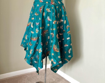 New: Handmade Teal Silk Skirt with Handkerchief Hem and Embroidered Butterflies