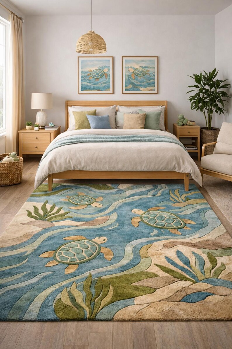 Turtle Themed Rug Coastal Sea Turtle Rug, Ocean Themed Area Rug, Beach House Decor, Kids ...