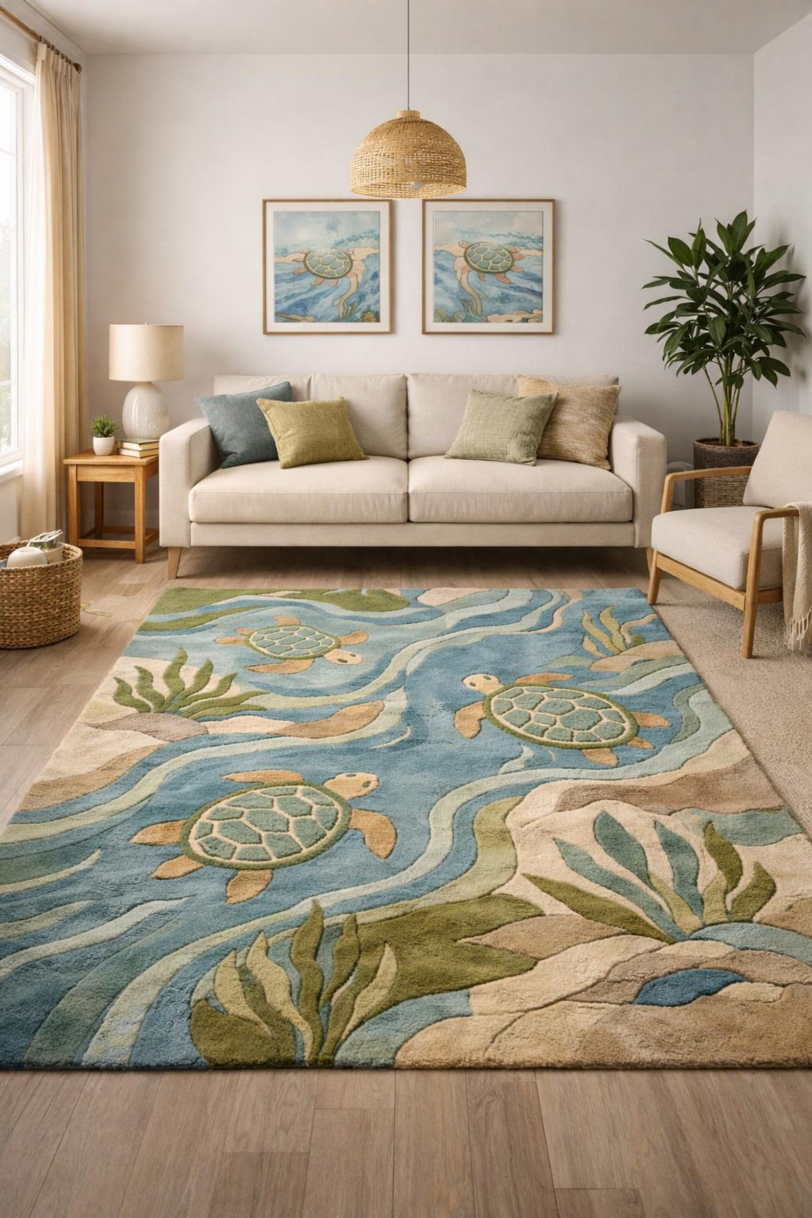 Fairpoint Sea Rug Coastal Sea Turtle Rug, Ocean Themed Area Rug, Beach House Decor, Kids ...