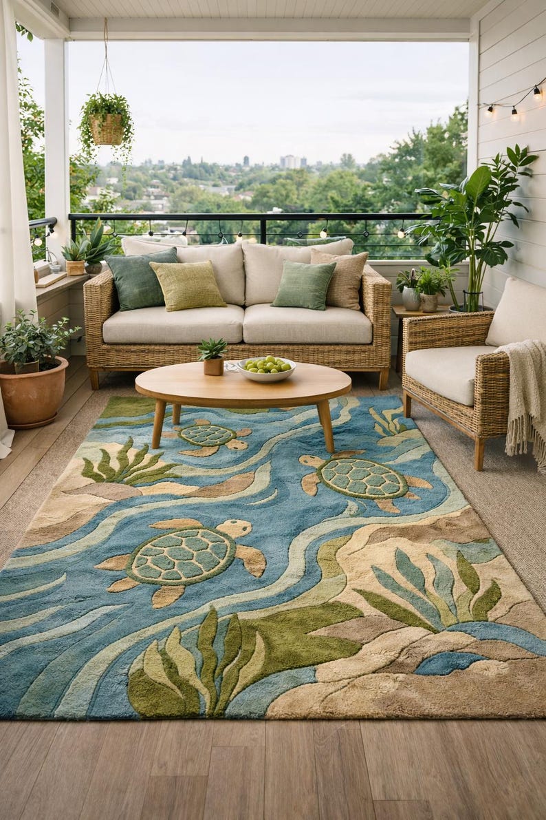 Aquatic Rug Coastal Sea Turtle Rug, Ocean Themed Area Rug, Beach House Decor, Kids ...