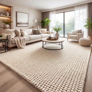 Handwoven Cotton Geometric Boho pebble Rug, Natural Cream Tassel Fringe Floor Accent
