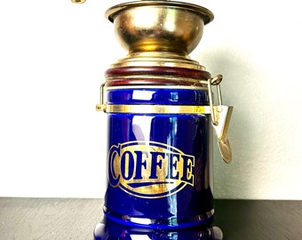 Birchleaf London pottery Brilliant Blue and Gold Coffee Grinder canister- Display and Functional - Vintage Coffee Mill