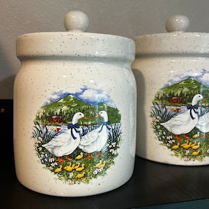 Vintage Speckle Paint Canisters with Mountains and Geese - large and small pottery container jars