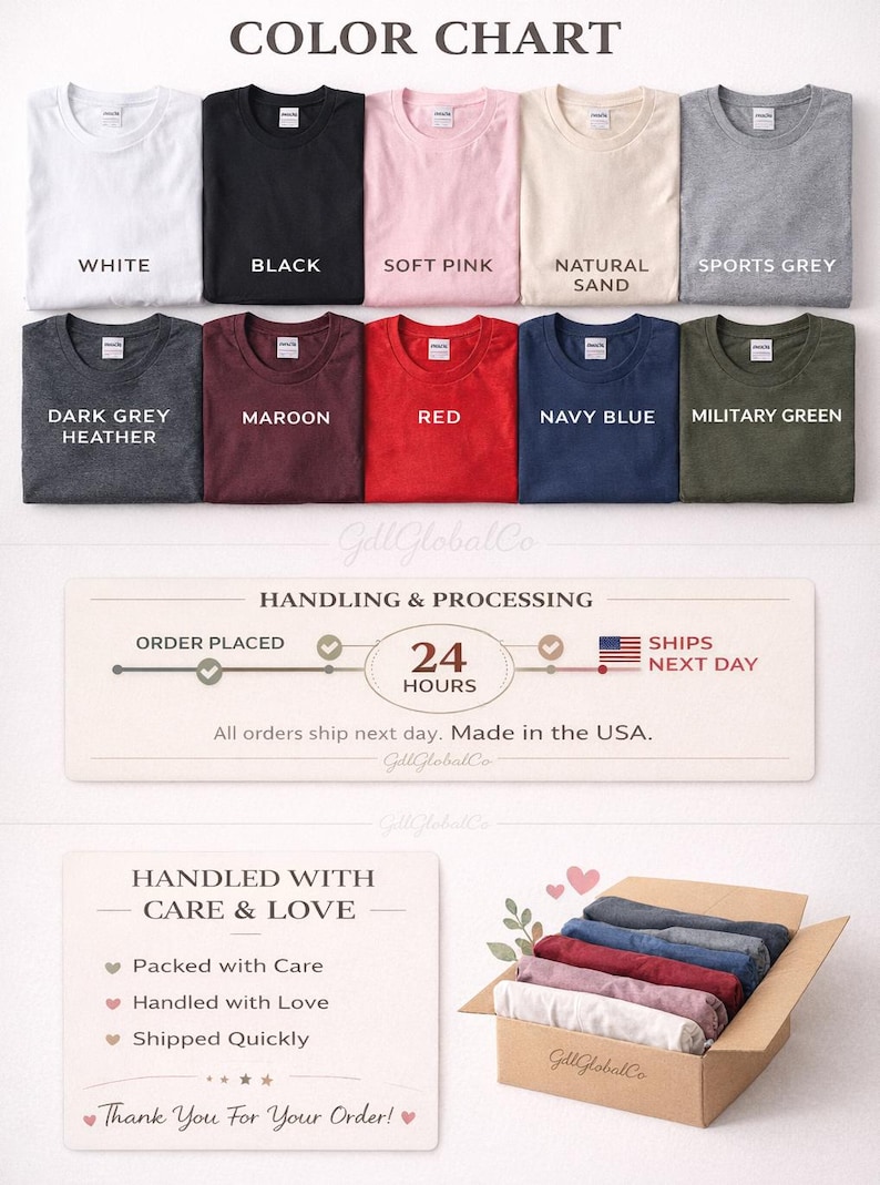 May include: Color chart showcasing t-shirts in various colors: white, black, soft pink, natural sand, sports grey, dark grey heather, maroon, red, navy blue, and military green. A box of folded shirts is also shown.