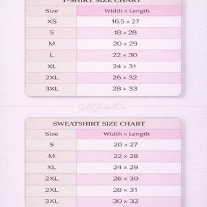 May include: A size chart graphic for t-shirts and sweatshirts with the text GdlGlobalCo. The t-shirt chart lists sizes XS to 3XL with widths and lengths in inches from 16.5 x 27 to 28 x 33. The sweatshirt chart lists sizes S to 3XL from 20 x 27 to 30 x 32.