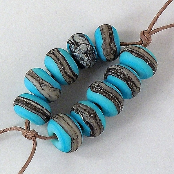 Silvered Ivory on Light Turquoise Lampwork Accent Beads - Etched