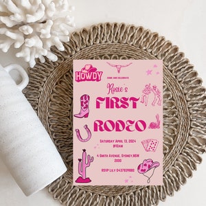 My First Rodeo Invitation, Girls First birthday, 1st Rodeo Invitation, Pink Rodeo Invite, Editable Template, Pink And Hot Pink