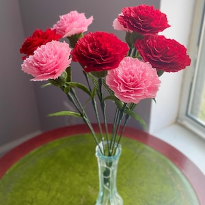 Pink/Red Carnation Flowers Handmade Italian Crepe Paper Home Decor Housewarming Anniversary Wedding Gift Valentines Mothers Day