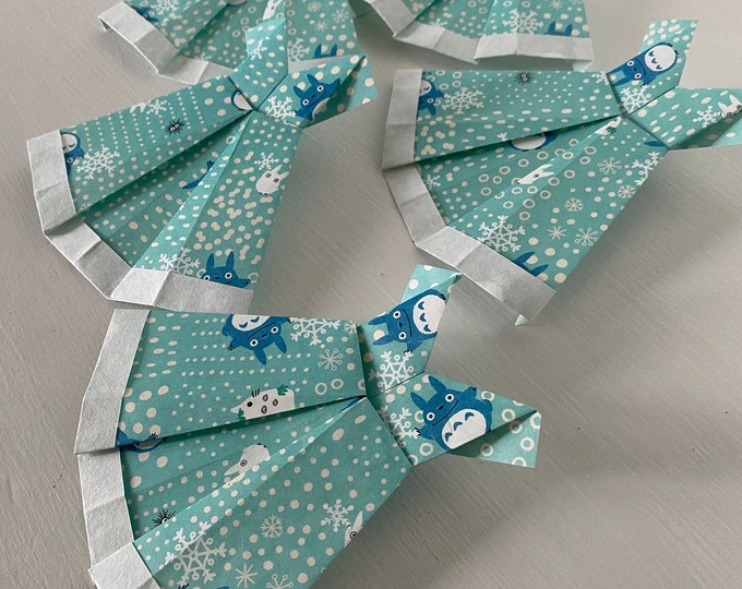 Set of 5 Adorable Winter Origami Paper Dresses for Favors, Cards and More, Handmade with Japanese Printed Origami paper