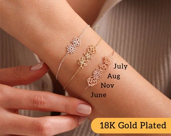 18K vergoldetes Geburtsblumen-Armband, individuelles Geburtsblumen-Armband, Mutter-Armband, Geburtstagsgeschenk für Mama, Brautjungfern-Geschenk, Geschenk für Schwester