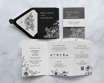 Black wedding invite black and white wedding invites black and white invite black and white floral wedding Black floral wedding invitation