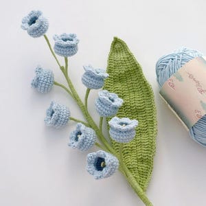 Può includere: Un gambo di fiori all'uncinetto fatto a mano con fiori a forma di campana blu chiaro e una foglia verde. Il gambo e la foglia sono verdi. Un gomitolo di filo blu chiaro è sullo sfondo. I fiori sono un delicato oggetto artigianale.