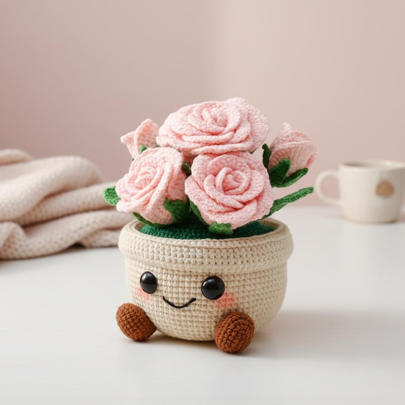 May include: A crocheted flower pot with a smiling face, holding pink roses with green leaves. The pot is beige with brown feet and black eyes. The background is a soft pink.