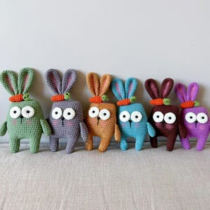 May include: A row of seven handmade crochet bunny dolls in various colors: green, purple, orange, blue, brown, and pink. Each bunny has large white eyes, a carrot on its head, and small arms. The bunnies are standing upright.