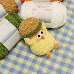 Patrón de pollo hamburguesa a crochet - Tutorial en PDF de amigurumi de pollito divertido a crochet de baja costura - Patrón de animal lindo a crochet - Patrón de pollo a crochet