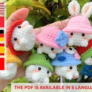 Amigurumi Crochet Pattern for Mini Mushroom Keychain - Bunny Hat Optional - 5 Languages Crochet Pattern