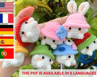 Amigurumi Crochet Pattern for Mini Mushroom Keychain - Bunny Hat Optional - 5 Languages Crochet Pattern