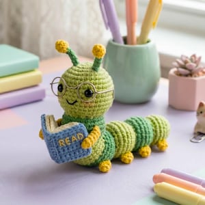 May include: A green crocheted caterpillar toy with yellow antennae and feet, wearing round wire-rimmed glasses. The caterpillar holds a small blue crocheted book with the word READ embroidered in yellow thread on the front cover.