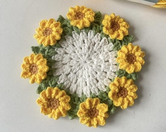Sunflower Coaster & Basket Crochet PDF Pattern, Step by Step Flower Coaster Amigurumi Crochet Tutorial, Sunflower Blanket Crochet Pattern