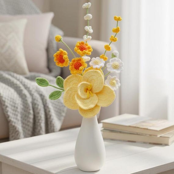 Crochet Lily Flower Bouquet PDF Pattern, Bundle 5in1 Flowers Decorative Vase Pattern, Handmade Bouquet Gift, DIY Amigurumi Daisy Flower