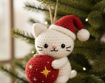 Christmas Cat and Ball Crochet PDF Pattern - Cute Cat Xmas Ornament Crochet Tutorial - Xmas Ball Decoration Crochet - Cat Christmas Pattern