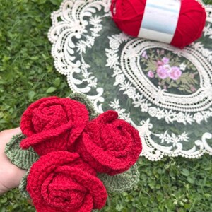 May include: A cluster of three handmade red crochet roses with green leaves. A ball of red yarn rests on a decorative lace doily with a floral design. The items are set against a backdrop of green grass.