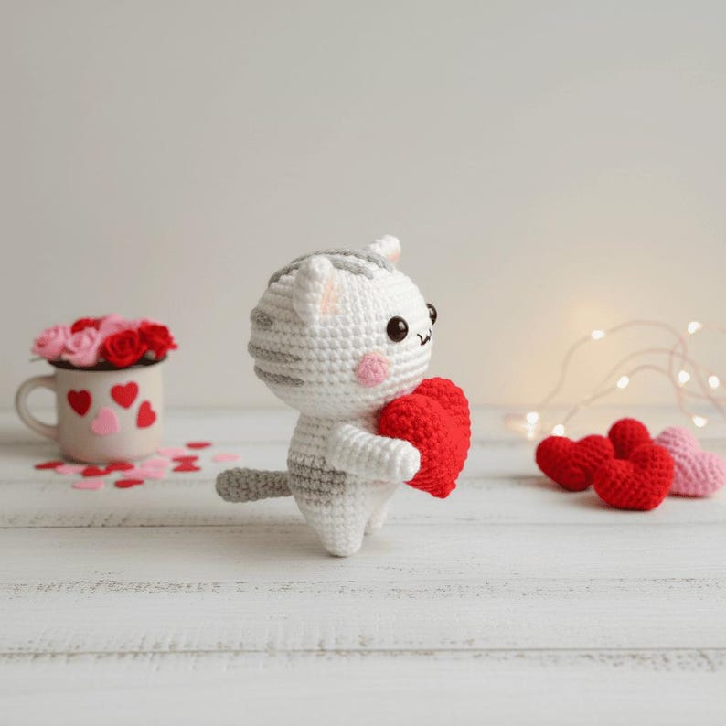 Cat and Heart Crochet PDF Pattern - Cute Cat Mother's Day Crochet Amigurumi Tutorial - Easy Crochet Cat Holding Heart Gift for Mom image 4