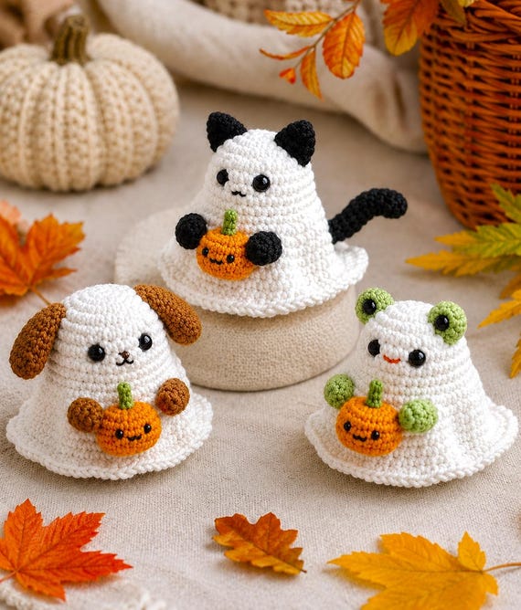 Bundle 3in1 Animals Ghost Crochet PDF Pattern - Cute Spooky Halloween Amigurumi Tutorial: Black Cat, Puppy, Frog - Cute Halloween Bag Charm